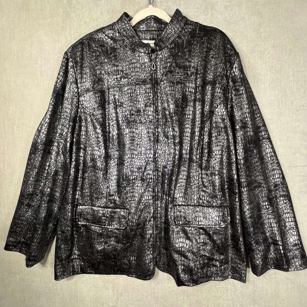 Alfred Dunner Woman 22W Plus Metallic Silver Black Crocodile Print Zip Jacket